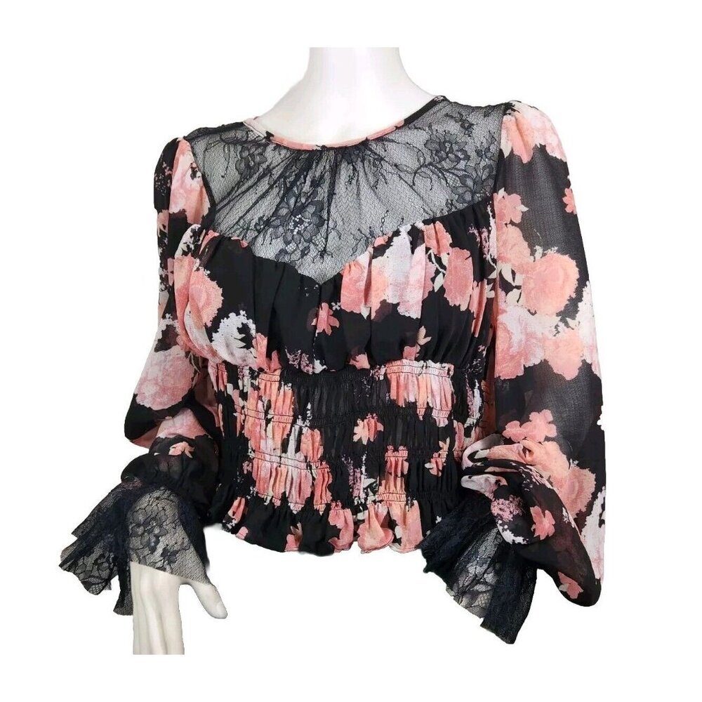 Free People Women's Size M Daphne Blouse Long Sleeve Lace Floral Black New 37